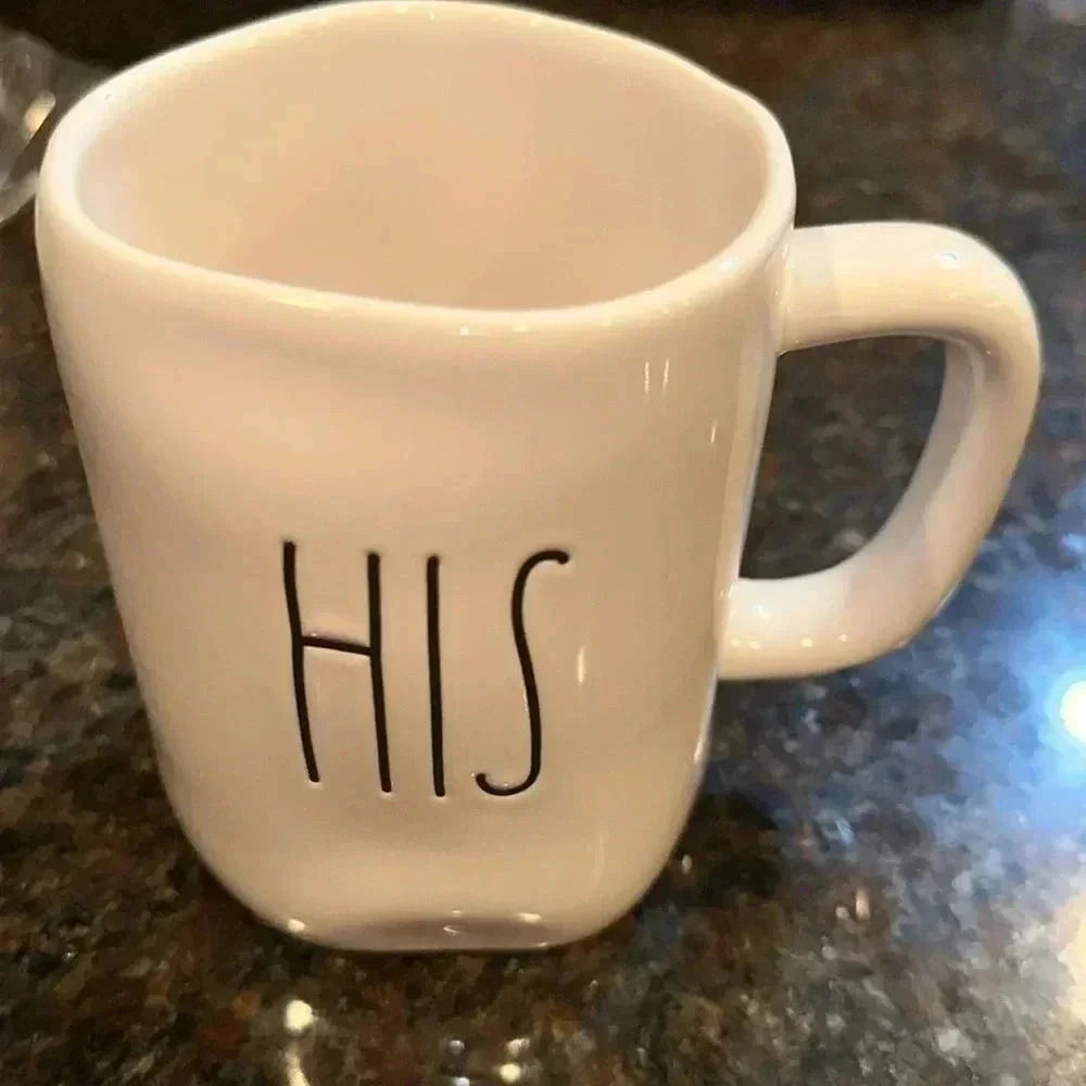 Rae Dunn HIS coffee tea mug drinking cup stoneware white color black font